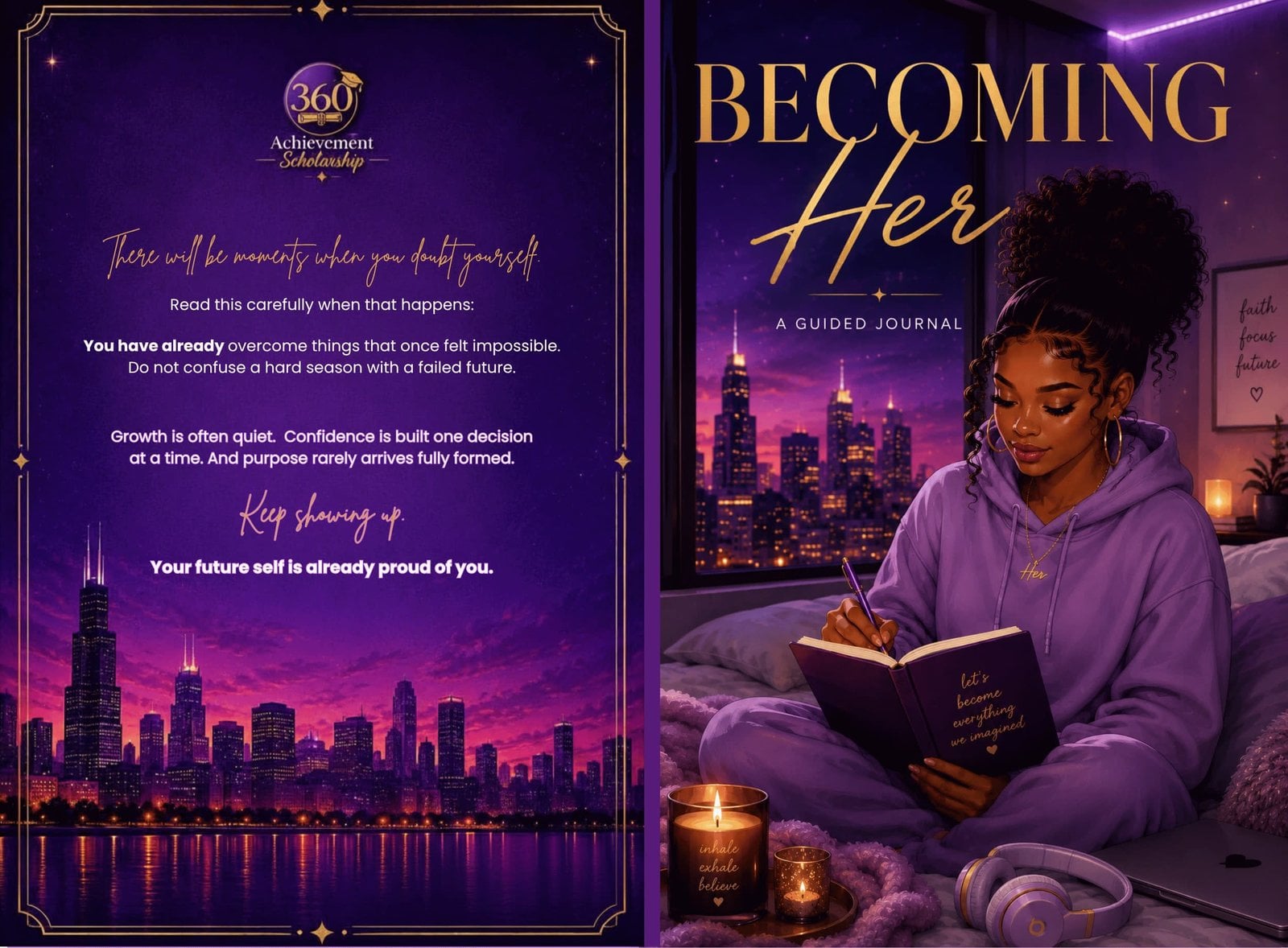 Interior spread and cover of Becoming Her, a guided journal published for the 360 Achievement Scholarship by Dreamcolor Creative Studio