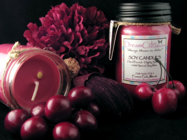 Original Dreamcolor Creatives Black Cherry soy candle, handmade, styled and photographed by Jannie Kirby in 2004–2005.