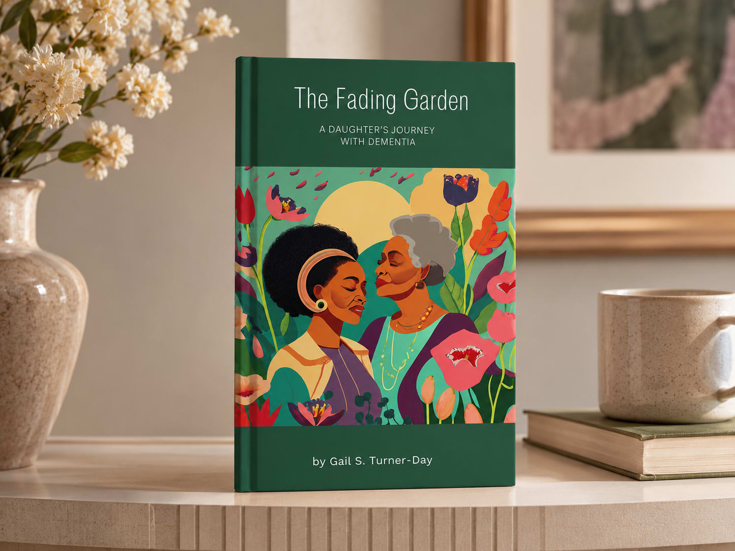 The Fading Garden shown as a finished hardcover publication in a home setting