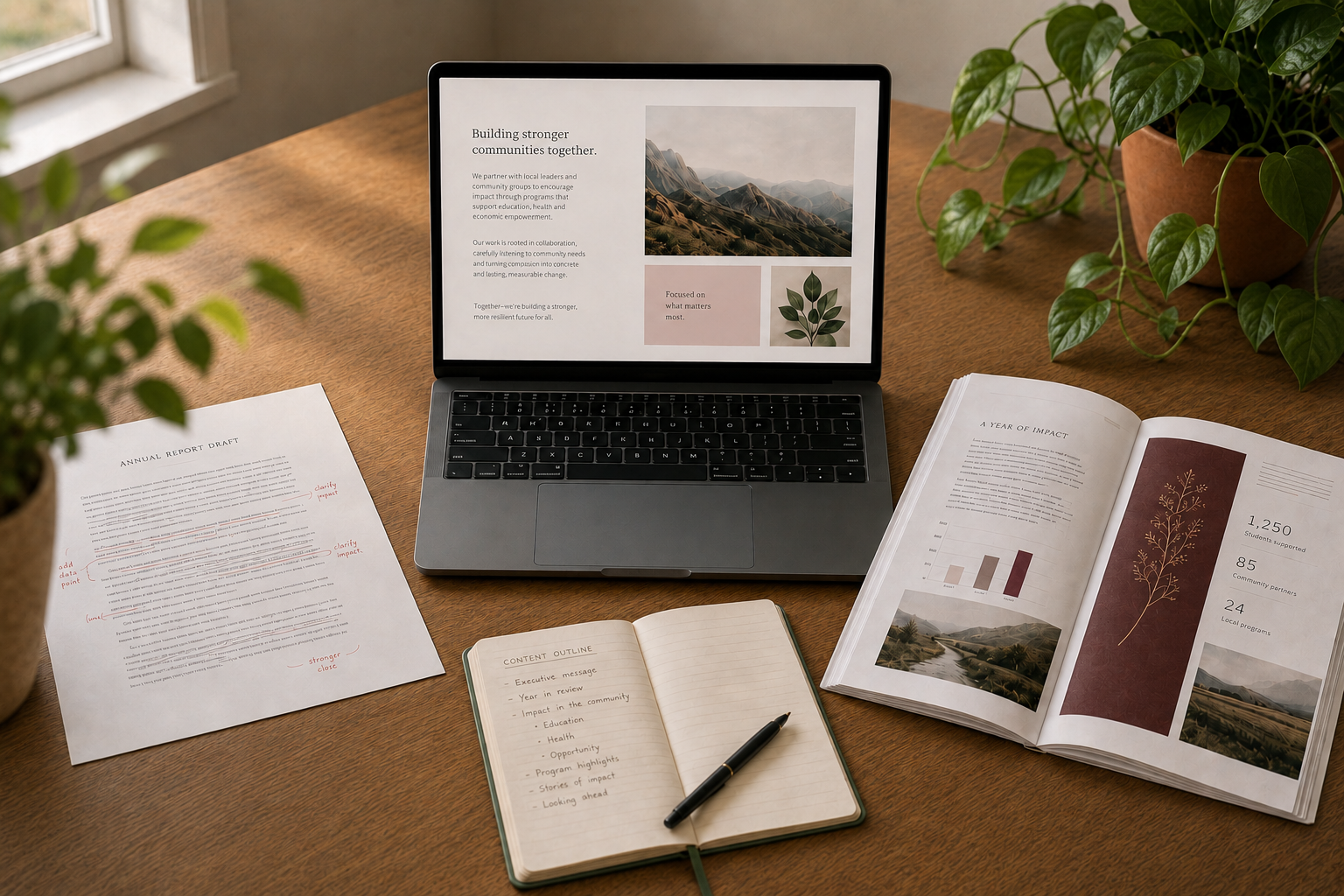 Studio desk with an annual report draft, content outline notebook, printed impact report and a website layout on a laptop