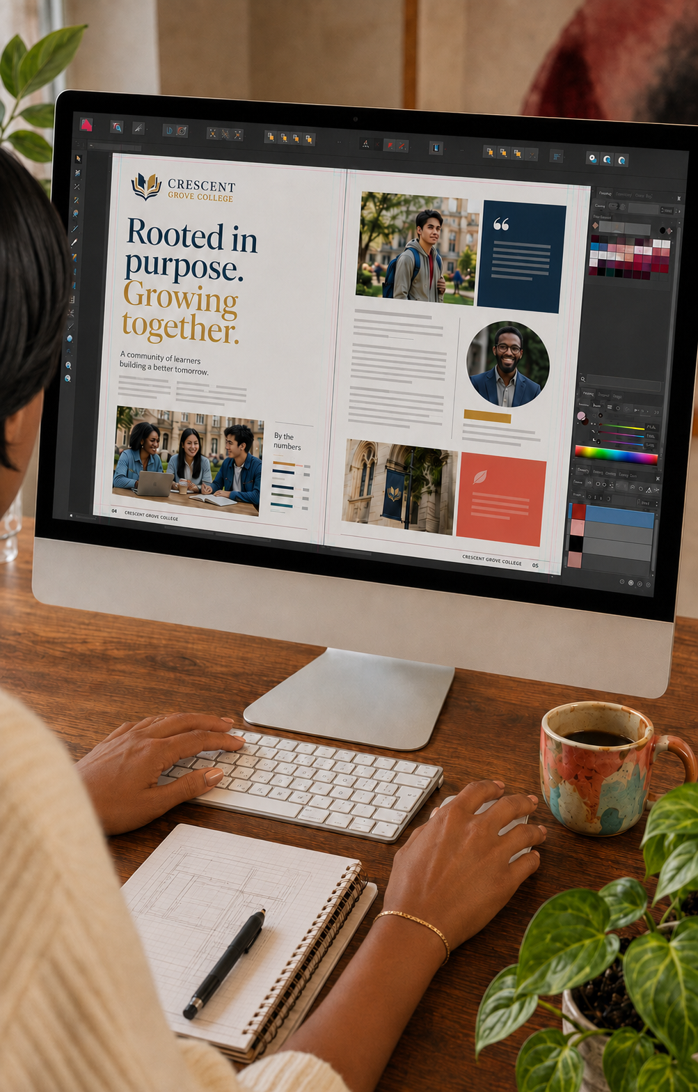 Designer reviewing a Crescent Grove College publication layout at her desk
